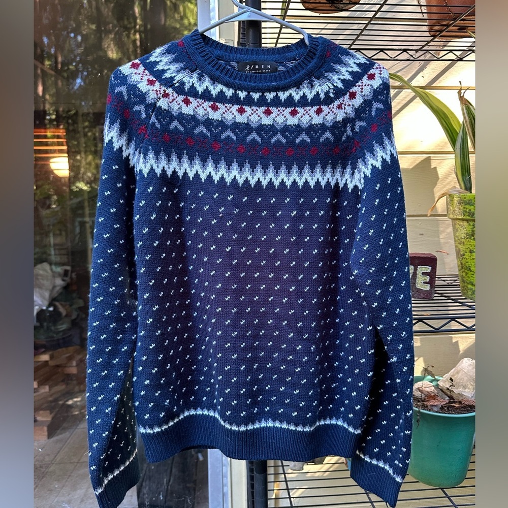21MEN Mens Navy/White Knit Patterned Crewneck Sweater Holiday Print Size Med